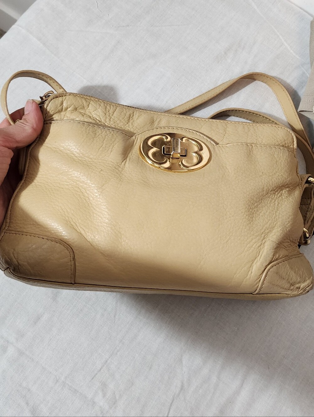 Leather Crossbody Bag in Beige with Gold Hardware